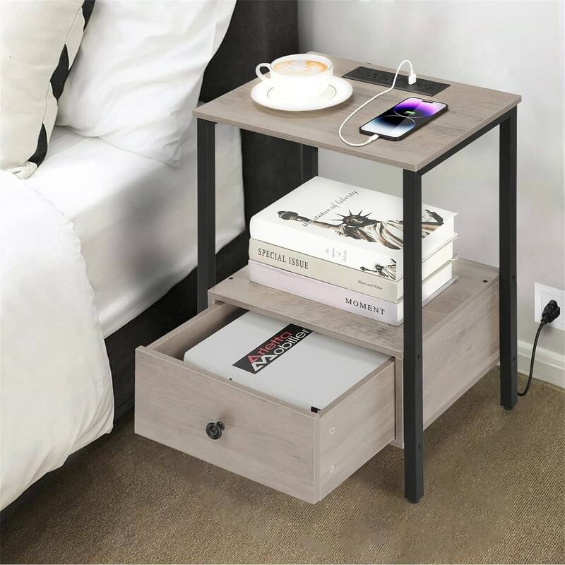 Side Table with Charging Station - 11.8"D x 15.7"W x 23.6"H