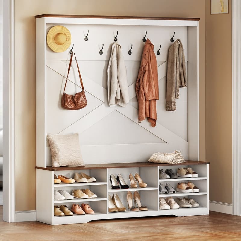 Moasis Farmhouse Hall Tree with Bench and Shoe Storage with 10 Hooks for Entryway - 59 Inch - White/X-Design