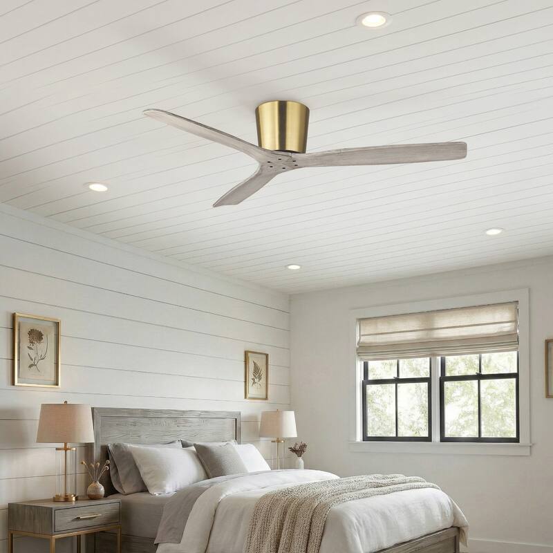 54" Modern Minimalist Weathered Solid Wood Gold Flush Mount Ceiling Fan with Remote and 6-Speed DC Motor