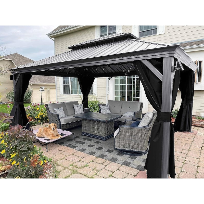 PURPLE LEAF Patio Gazebo for Backyard Hardtop Galvanized Steel Frame with Upgrade Curtain and Light - Light Grey