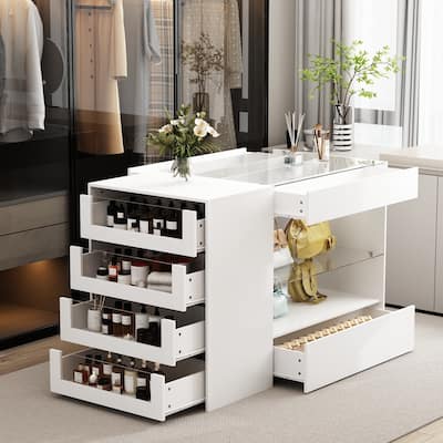 Dressing Island with Glass Shelves Spacious White Organizer Closet - 47.2"X23.6"