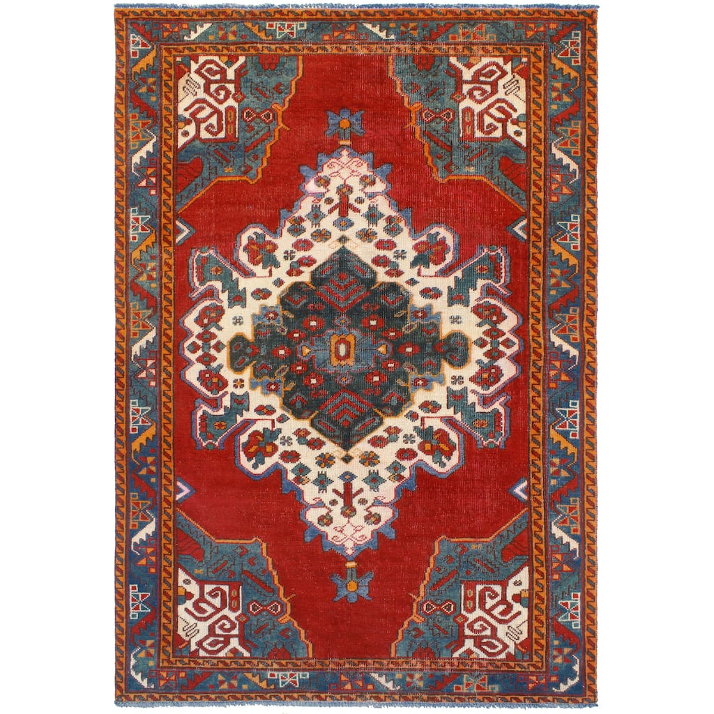 Vintage Distressed Can Red/Ivory Rug - 4'3" x 6'6"