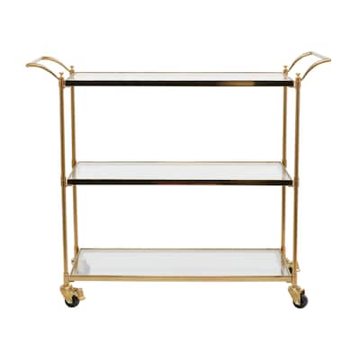 Metal Rolling 3 Glass Shelves Bar Cart with Lockable Wheels - Brass - Roche River Decor - 14"W x 38"L x 31"H