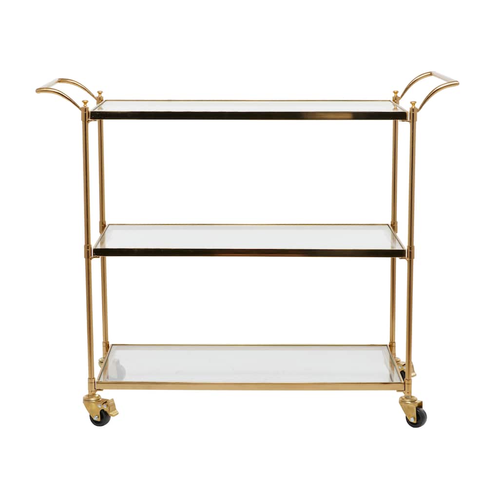 Metal Rolling 3 Glass Shelves Bar Cart with Lockable Wheels - Brass - Roche River Decor - 14"W x 38"L x 31"H