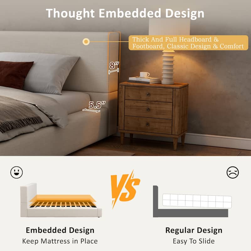 King Size Bed Frame with Thick 8" Headboard/Upholstered Platform Bed Frame/Solid Wood Support Slats/No Box Spring Needed/Beige