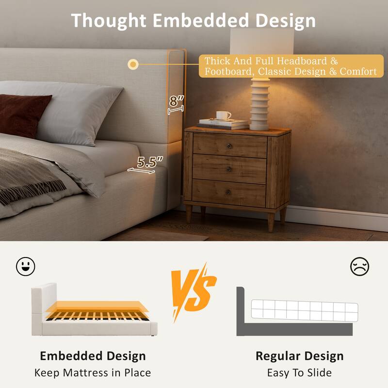 Modern Wooden Upholstered Linen Platform Bed with Thick Padded Headboard, No Box Spring Needed
