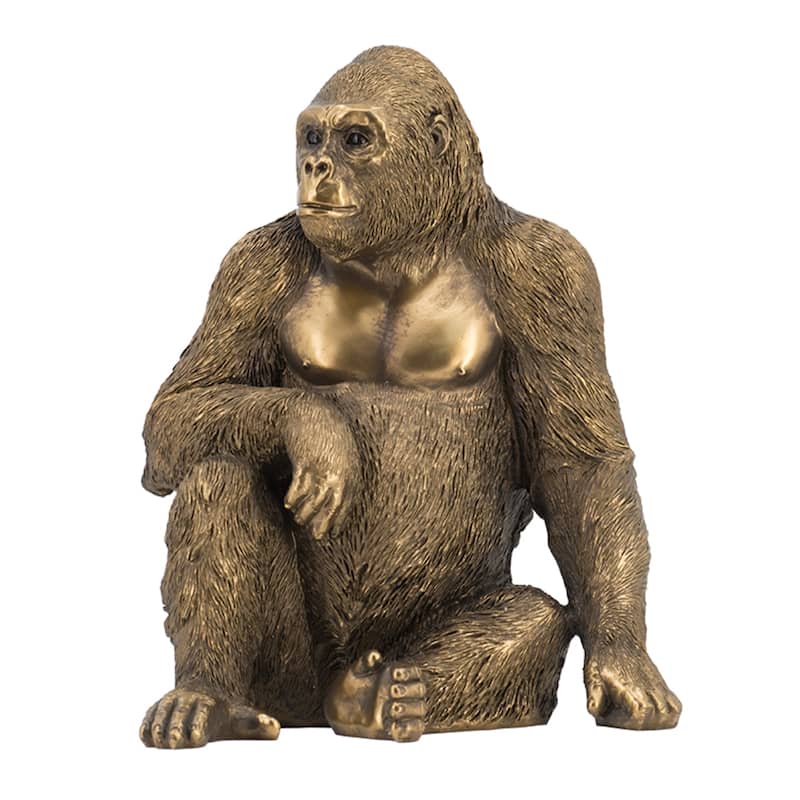 Sitting Gorilla Statuette - 8.25" - Antique Gold