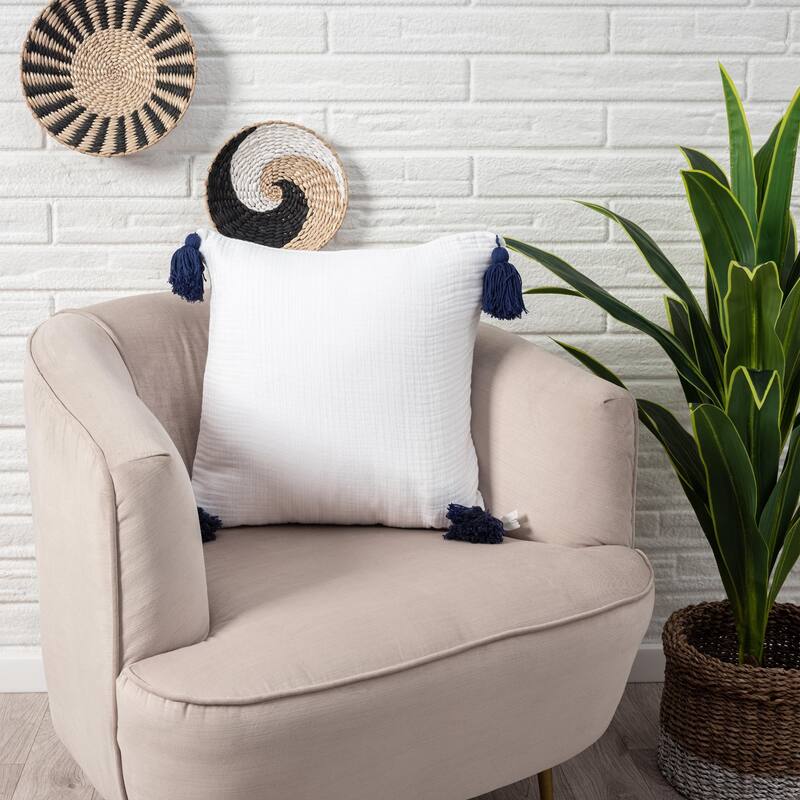 Handmade Square Throw Pillow with Tassels - 20" - White and Blue