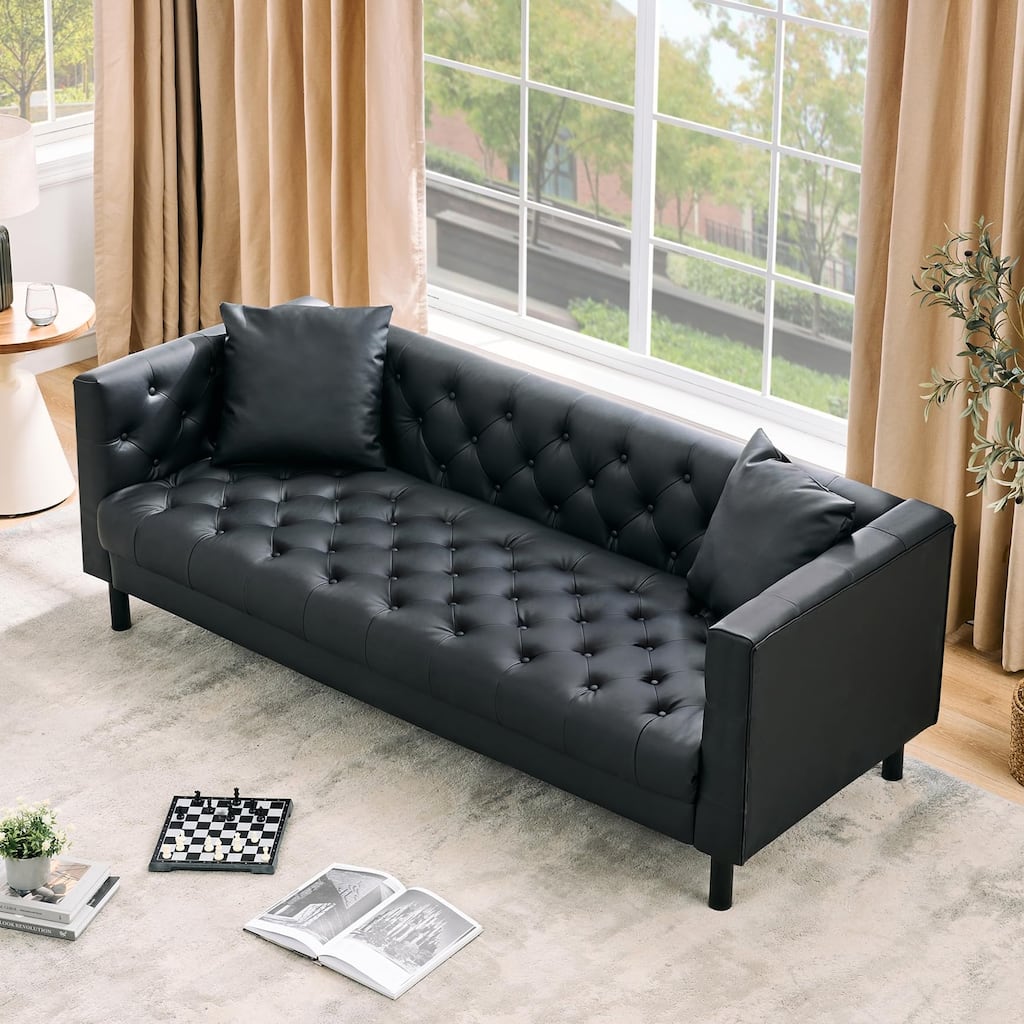 78" Leather Couch, Handmade Button Tufted 3 Seater Sofa, Chesterfield Sofa with Deep Seat and 2 Pillows, Leather Sofa