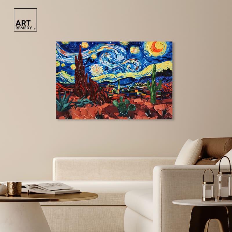 Art Remedy Desert Night Stars Gallery Wrapped Impressionism 1 Piece Canvas Wall Art /Monet And Van Gogh Inspired Art