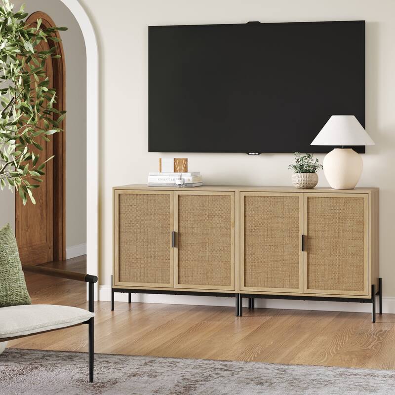 Andrew Bohemian Entryway Storage Cabinet or Kitchen Sideboard Credenza, TV Stand or Rattan Accent Cabinet with Metal Legs - Set of 2
