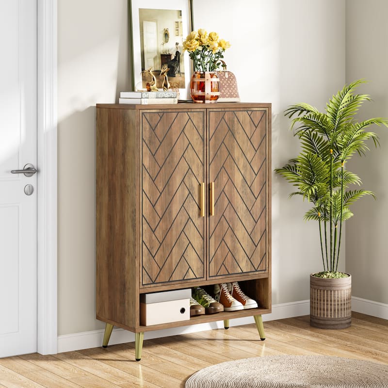 Wood and Metal 2-door Shoe Storage Cabinet with Adjustable Shelves for Entryway