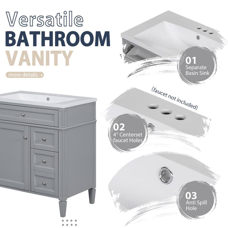 GDFStudio - Montvale Modern Freestanding Bathroom Vanity Set with Mirror Cabinet, Resin Sink & a Tip-out Drawer - 30'W