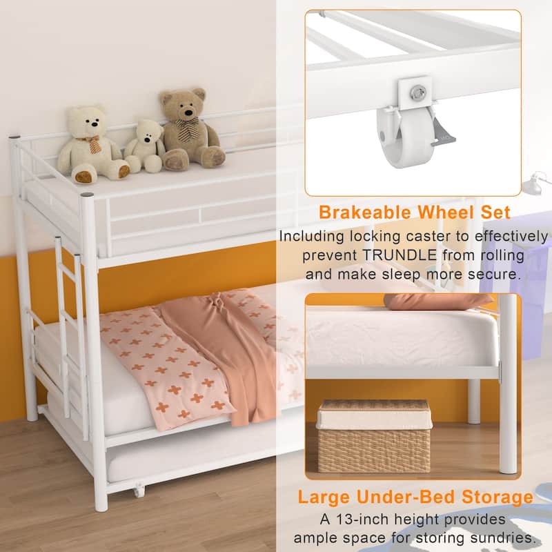 Twin Over Twin Bunk Bed with Trundle, Detachable Twin Bunk Beds w/ 2 Side Ladders & Full-Length Guardrails
