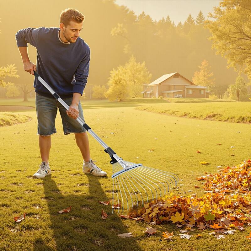 Adjustable Lawn Rake for Leaves and Grass, Stainless Steel - 55.6 x 17.13 x 2.91 in