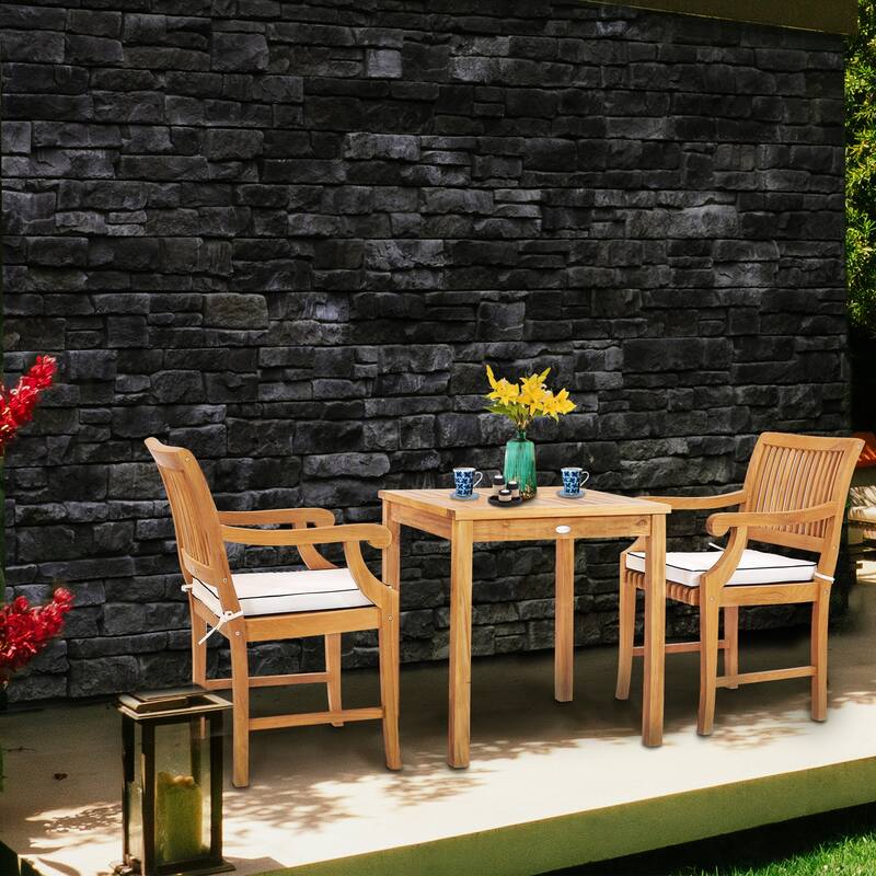 Chic Teak 3 Piece Teak Wood Florence Intimate Bistro Dining Set including 27" Square Table and 2 Arm Chairs
