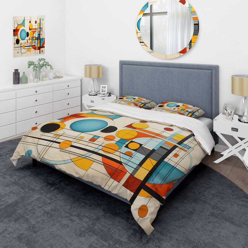 Designart "Orange Blue Mid Century Graphic Geometrics" Orange Mid-Century - Bedding Cover Set With Shams