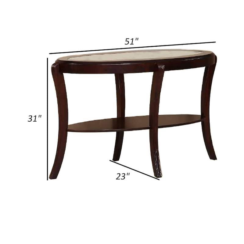 Lyn 51 Inch Console Table with Oval Glass Top and Lower Shelf, Brown Wood