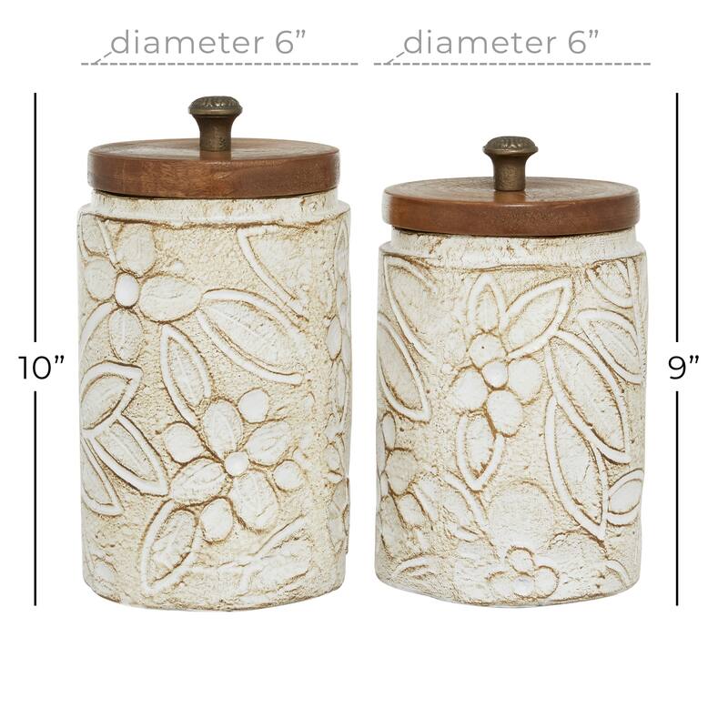 White Ceramic Handmade Intricately Carved Living Room Decorative Jars with Wood Lids (Set of 2)
