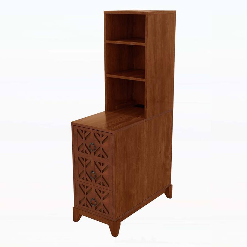 Elegant X-Carved End Table with 3 Drawers,2 Open Shelves,and Charging Station for Modern Bedrooms and Corners