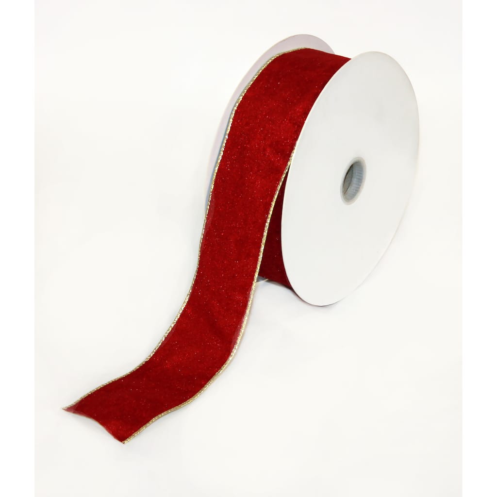 Velvet Christmas Ribbon Gold Backing, 2.5" Width Wired, Dark Red, 50YD - 1800