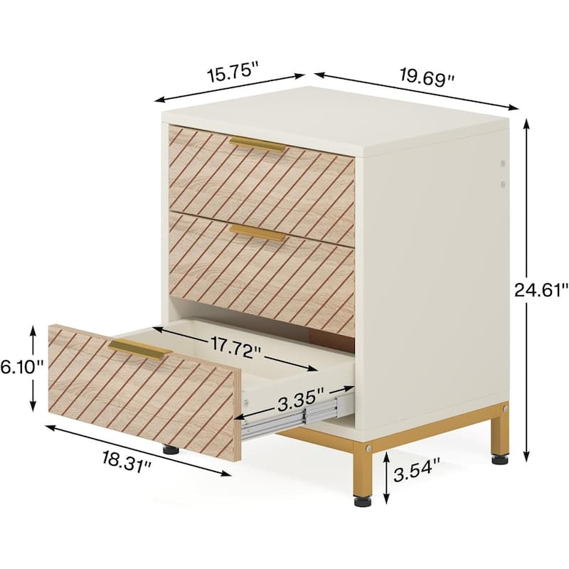 White-Gold Wood Nightstand with Adjustable Foot Pads and Multifunction