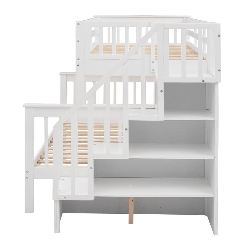 Twin Over Full Bunk Bed with Storage Staircase, Solid Pine Wood Frame, Guardrail for Safety, Convertible Beds for Bedroom