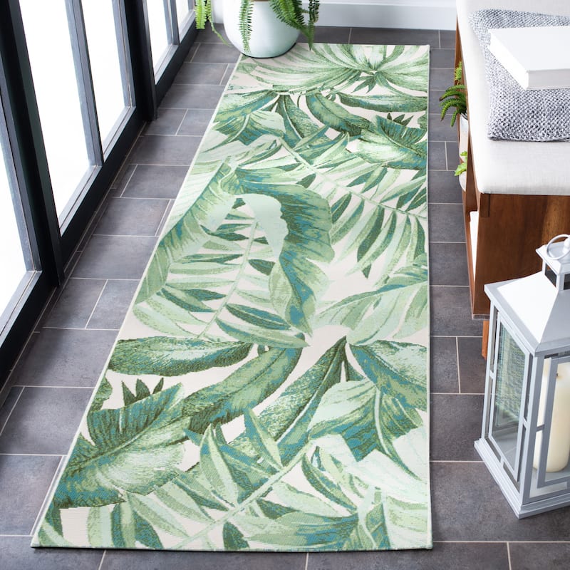 SAFAVIEH Barbados Floricica Tropical Indoor/Outdoor Waterproof Rug - 2'8" x 10'5" Runner - Green/Teal
