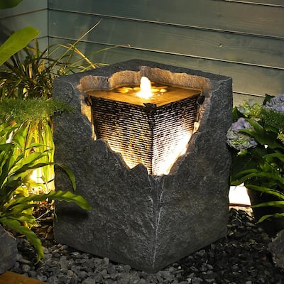 Garden Water Fountain Outdoor Bubbling Fountain Indoor Waterfall Floor Standing Water Fountains 17.7 Inches Tall with LED Lights