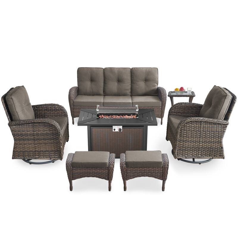 PlainCurve 7-Piece Brown Wicker Patio Fire Pit Sofa Seating Set with Olefin Cushions