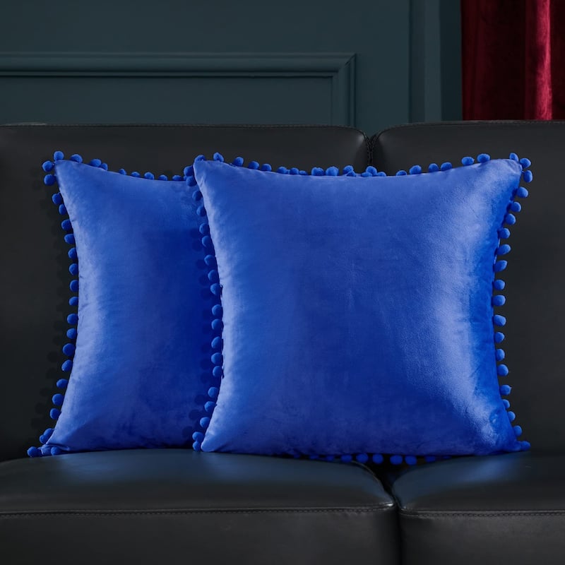 Deconovo Set of 4 Velvet Pom-Pom Pillow Covers Multiple Sizes - 16x16 Inch - Blue