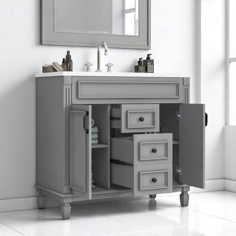 36 Inch Freestanding Bathroom Vanity with Sink, 2 Soft-Close Doors & 2 Drawers, Rectangular Ceramic Basin Included