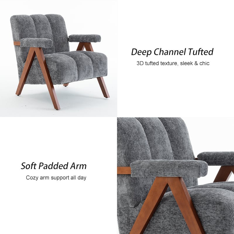 Mid Century Modern Accent Chair, Chenille Armchair with Solid Wood Legs, Channel Tufted Comfy Reading Chair for Living Room