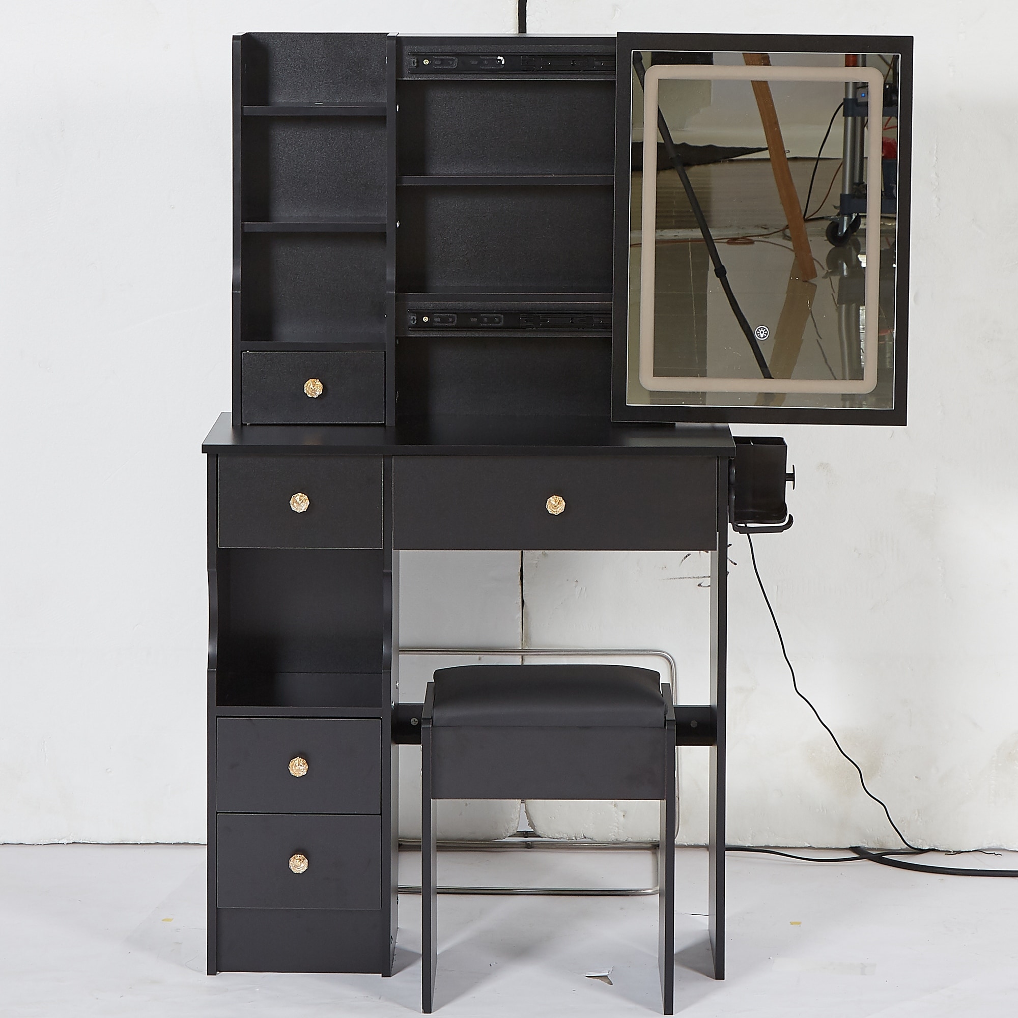 29.2" Small Size Left Drawer Desktop Vanity Table + Cushioned Stool