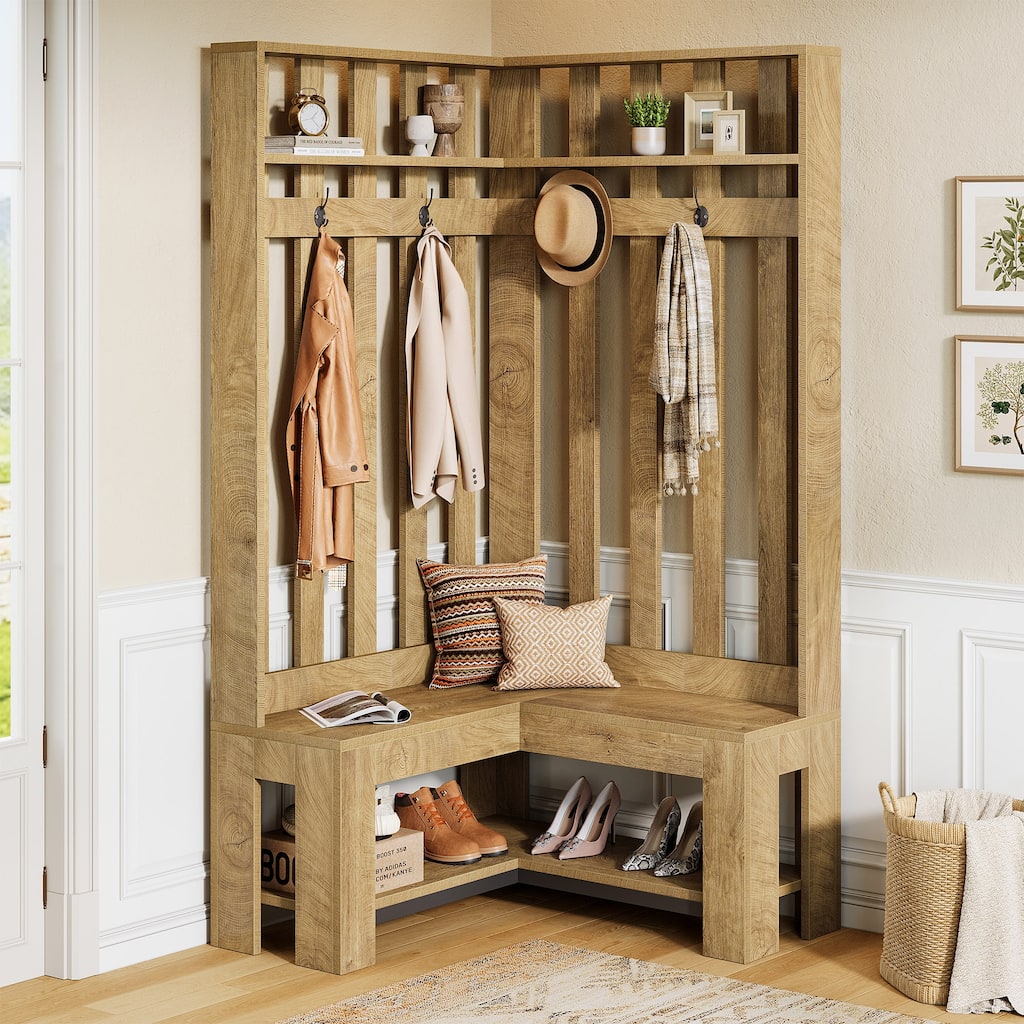 L-Shaped Entryway Hall Tree with Shoe Storage Shelf and 4 Hooks