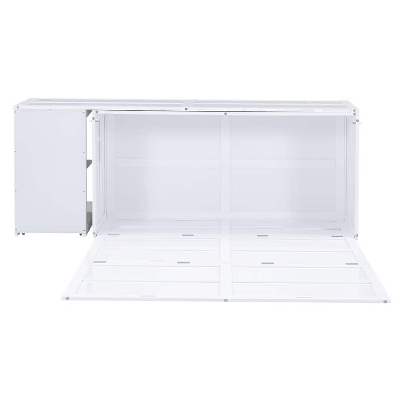 Queen Size Mobile Murphy Cube Cabinet Bed with Rotable Desk, Solid Wood Murphy Bed Chest Platform Murphy Bed for Guest Room