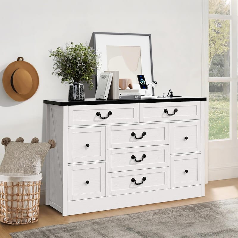 Farmhouse 9-Drawer Dresser with Charging Station, 54" Wide Wood Chest of Drawers with Metal Handles - Black Top