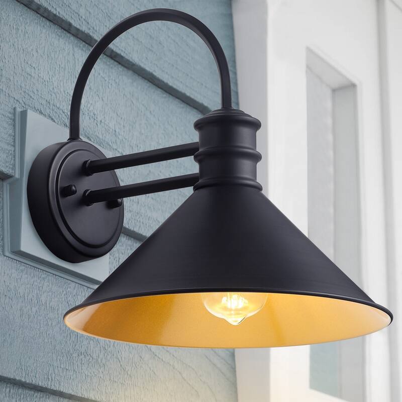Vintage Farmhouse 1-Light Matte Black Gooseneck Wall Sconce with Cone Metal Shade - Black