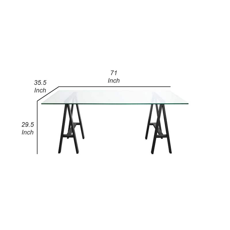 Rani 71 Inch Office Desk, Tempered Glass Top, Modern Black Steel Frame