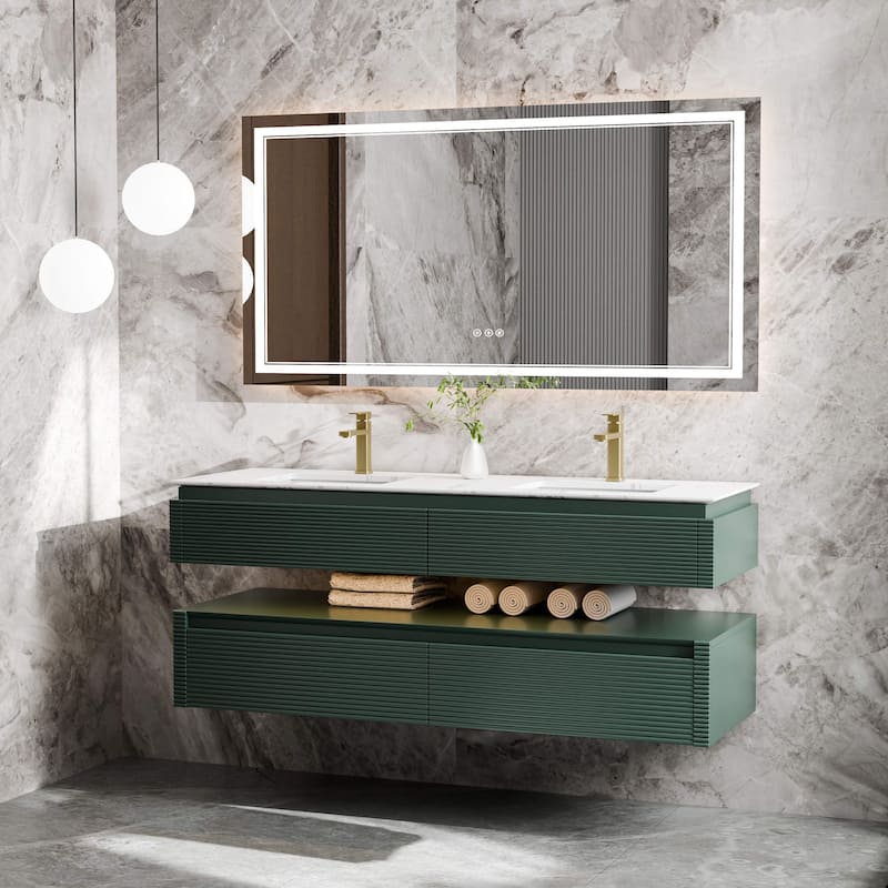 Modland 60" Modern Wall-Mounted Double Sink Bathroom Vanity with Engineered Stone Countertop, Soft-Close Drawers