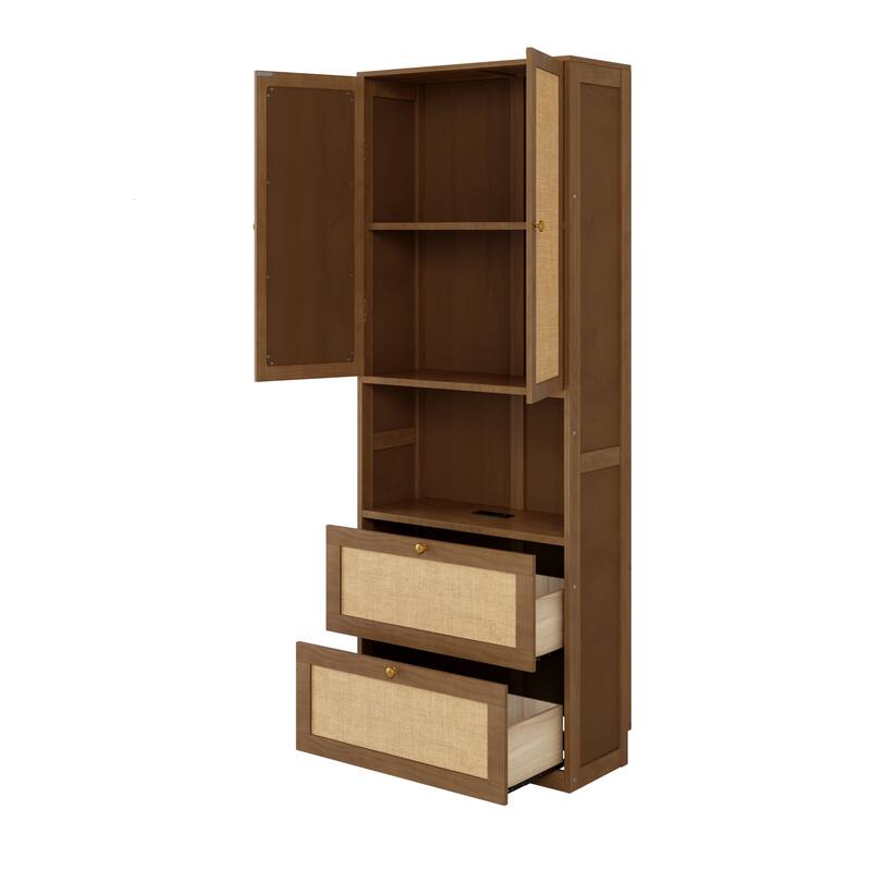 2 Doors Bookshelf with USB Port and 3 Drawers，Rattan Design Side Cabinet Storage Shelves，72.8 inch Tall Bookcase