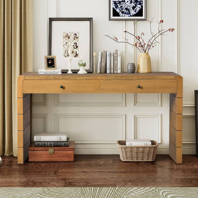 55" Console Table with Storage Drawers, Wooden Entryway Table with Curved Edged