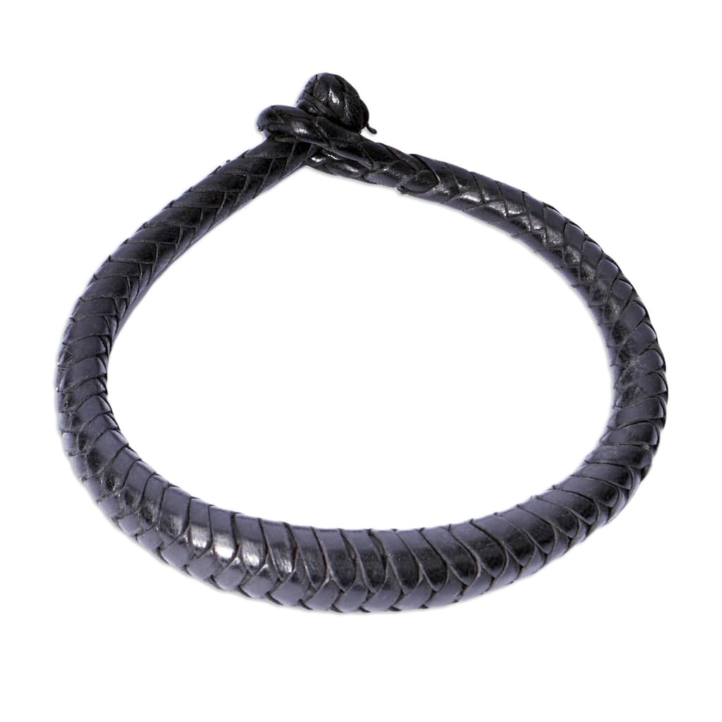 Novica Handmade Black Grace Braided Leather Bracelet