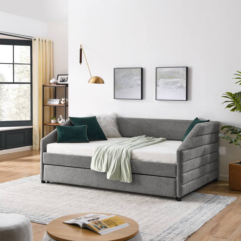 Linen Fabric Upholstered Daybed with Pull-Out Trundle or Storage Drawers, Tufted Sofa Bed Frame with Wood Slat Support