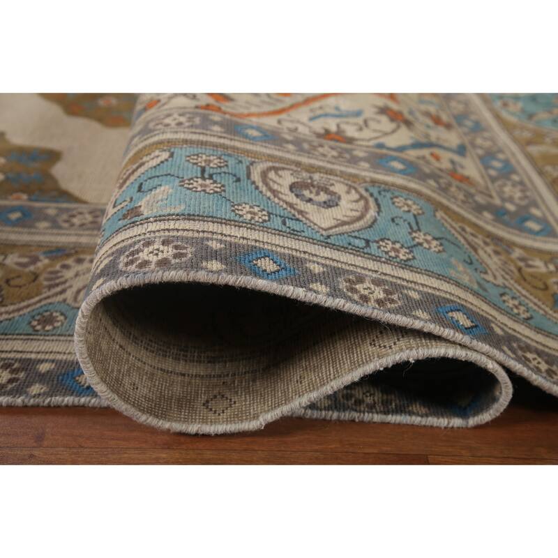 Hand Knotted Oriental 100% Wool Carpet Traditional Medallion Beige & Ivories Tabriz Area Rug - 12' 8'' X 9' 4''