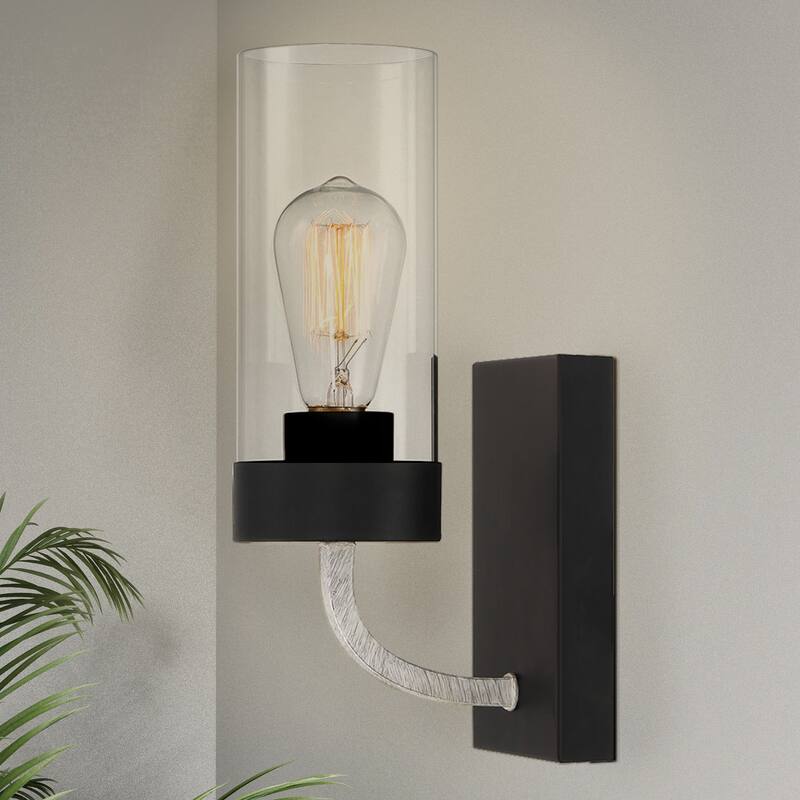 Zertan Single-Light Armed Wall Sconce with Black Metal Finish - Clear Glass