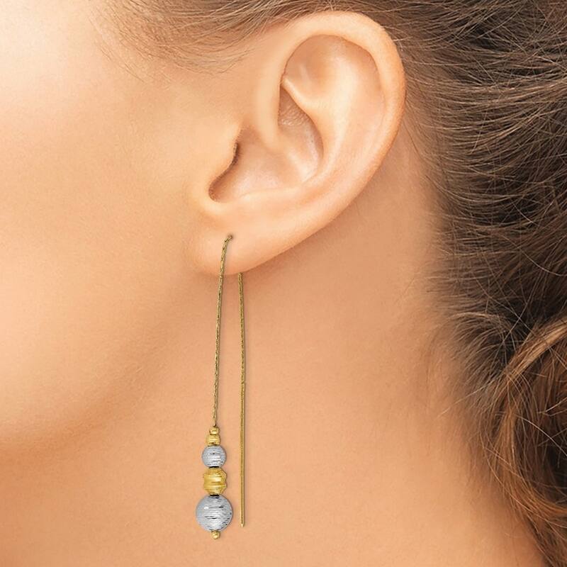Curata 14k Two tone Gold Textured Beads Threader Earrings 130x5mm