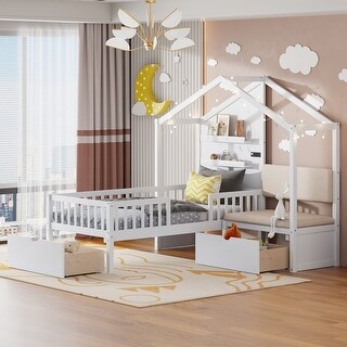 Twin Size House Bed with Upholstered Sofa, Charging Station, Wireless Charging, Shelves, 2-Drawers, Space-Saving Design, White