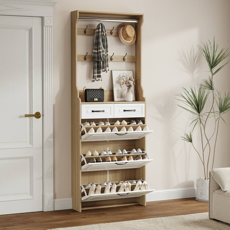 New Shoe Cabinet with 3 Doors 2 Drawers with Hanger,PVC Door With Shape,Large Space for Storage - Natural