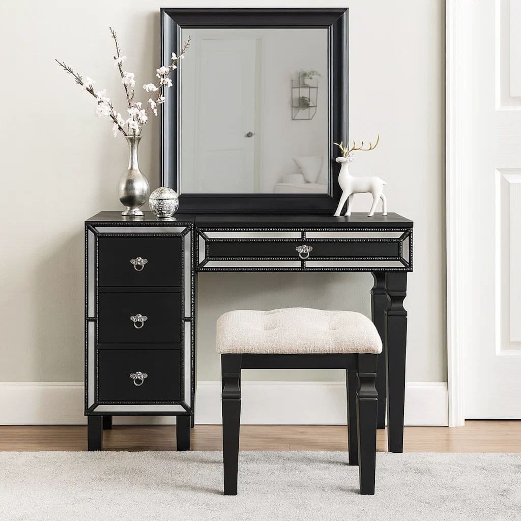 Sosi 47 Inch Vanity Desk Set, Padded Stool, 3 Mirror Inlaid Drawers, Black